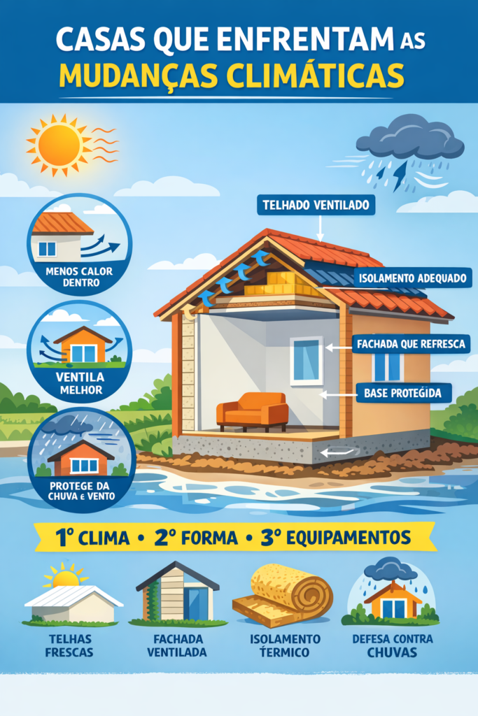 Casa projetada para enfrentar as mudanças climáticas, com telhado ventilado, isolamento térmico e proteção solar.