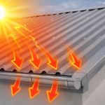 Telha metálica simples instalada em cobertura de Light Steel Frame sem isolamento térmico, ilustrando incidência de calor e risco de condensação.