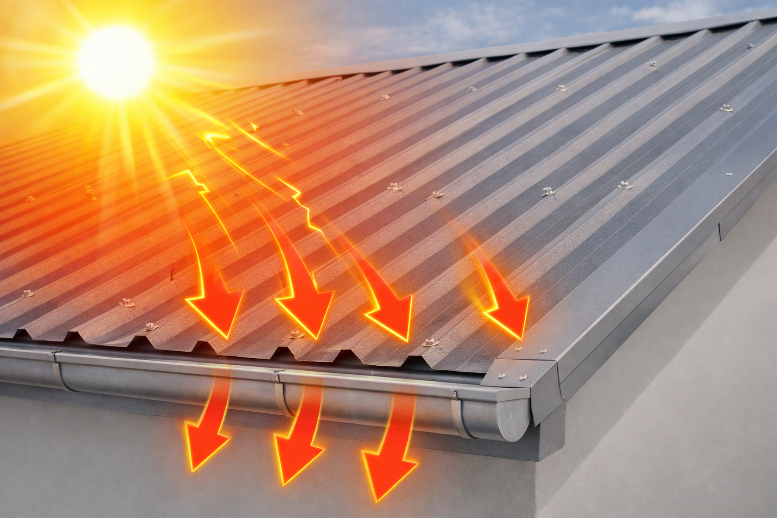 Telha metálica simples instalada em cobertura de Light Steel Frame sem isolamento térmico, ilustrando incidência de calor e risco de condensação.